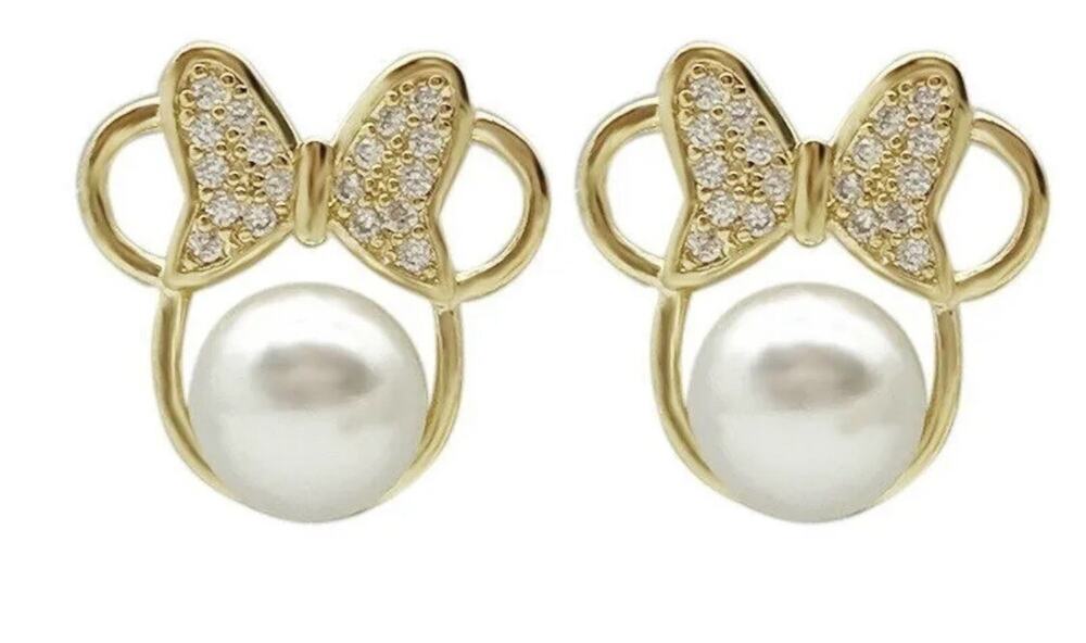 14k Gold , Pearl & Crystal Minni Mouse Earrings - Disney - Ships From USA